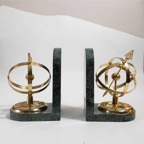Green Marble Armillary Sphere Bookends With Brass Accents - Picture 2 of 11